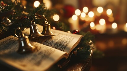 Christmas Bells and Sheet Music with Festive Lights