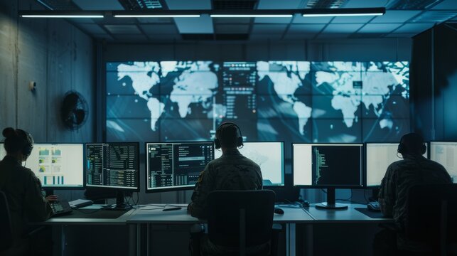 A modern control center with military personnel at computer workstations, analyzing data displayed on large screens with global maps.