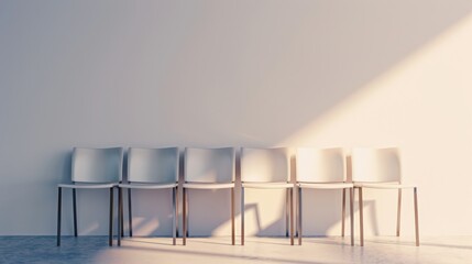 Sun-soaked white chairs aligned perfectly along a pale wall, casting long, dramatic shadows.