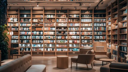 Obraz premium Elegant bookstore with high wooden shelves filled with books, comfortable seating areas, and large windows allowing ample natural light.