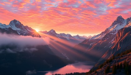 A breathtaking sunrise casting golden light over snow-capped mountains, with rays of sunlight streaming through a mist-filled valley and reflecting off a tranquil mountain lake, generative ai