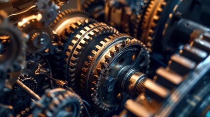 Close-up view of intricate, interlocking gears and cogwheels showcasing detailed metallic textures and precise engineering.