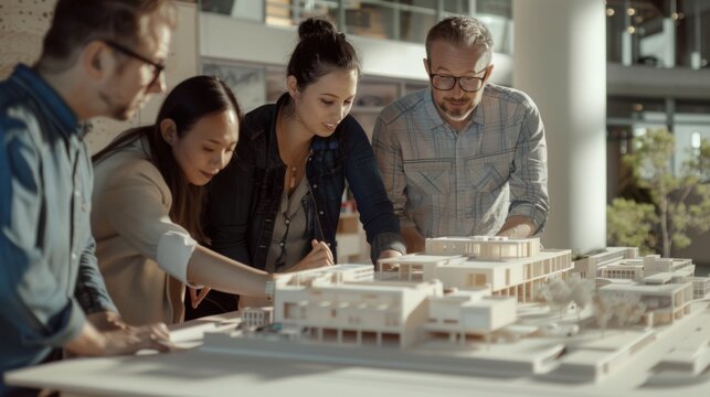 A diverse group of colleagues gathered around a detailed architectural model, engaged in a discussion with a blend of creativity and teamwork in a professional environment.