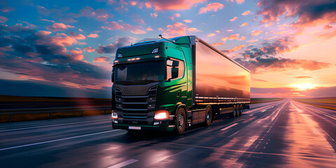 Camion color verde con caja seca en carretera al atardecer