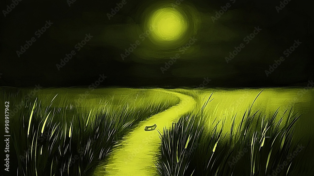 Sticker   A green field painting with a yellow light at the end of a path