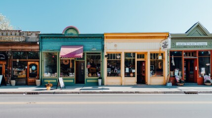 A row of quaint, multi-colored storefronts in a charming small-town street under a clear blue sky.