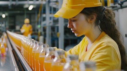 A focused worker dressed in yellow examines bottles on a production line in a modern factory, indicating precision and efficiency.