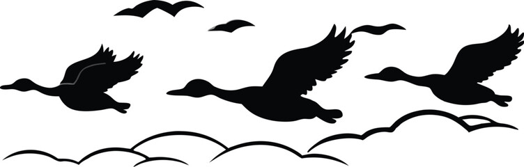 Graceful Ducks in Flight Vector Silhouette Artwork
