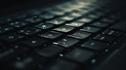 Moody, artistic close-up of a keyboard bathed in a dim, ambient light, emphasizing its sleek, modern design and suggesting a tech-centric workspace.