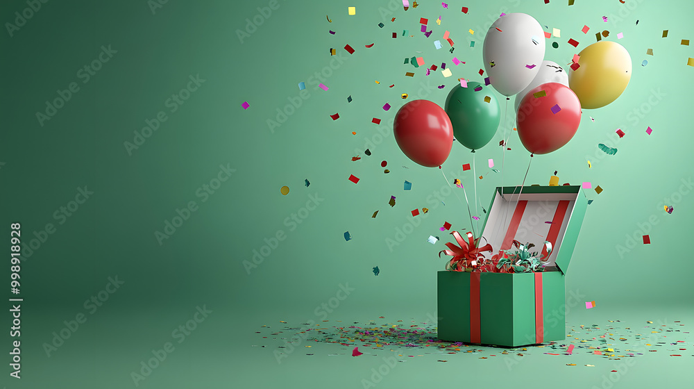 Canvas Prints 3d rendering of open gift box with balloon and confetti on green background, birthday or christmas party concept, isolated banner template for sale promotion, lifestyle advertising with copy space