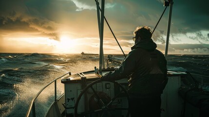 Man steering a boat through a stormy sea, heading into the sunset, embodying determination and adventure.