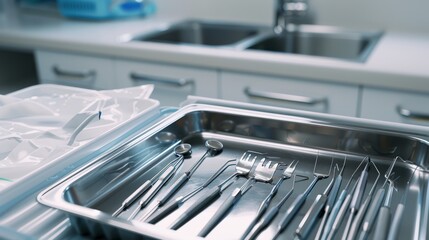 A clean, organized medical tray with various sterile dental instruments neatly arranged in a modern dental clinic.