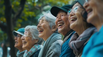 A group of elderly friends sitting outdoors, laughing together, capturing a moment filled with joy, camaraderie, and the beauty of lasting friendships.