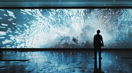 Silhouette of a person standing in front of a large, digital screen displaying dynamic abstract...