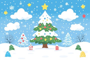 Obraz premium Playful Christmas tree illustration in a snowy landscape with colorful presents and stars, symbolizing holiday cheer, joy, and festive fun for the winter season