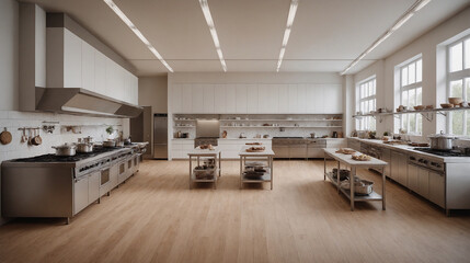 A spacious cooking school with multiple kitchen stations 3d illustration interior design.