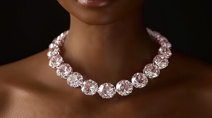   Close-up photo of female face adorned with pink and white cubic zirconia necklace