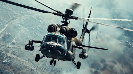 A military helicopter gunship flying low over rugged terrain, showcasing its heavy armament, prepared for combat action