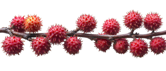 Vibrant branch with red, spiky fruits against a clean background, perfect for nature and botanical themes.