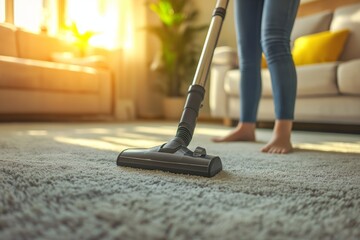 Woman vacuuming carpet in living room  home cleaning and housekeeping service concept