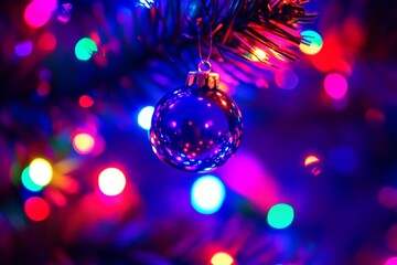 Obraz premium Bright multicolored Christmas lights on a pine branch, symbolizing the festive vibrancy, joy, and energy of holiday celebrations