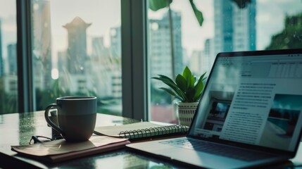 A modern workspace with a laptop, a cup of coffee, and a notebook by a large window with a cityscape view, radiating productivity.