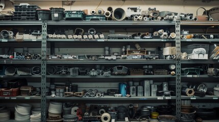 Shelves stocked with an assortment of metal hardware and industrial parts, demonstrating order amidst complex variety in a workshop setting.