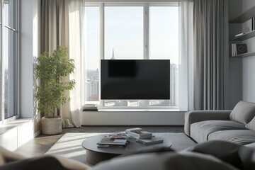 Luxurious modern living room interior in a stylish scandinavian apartment with sunlit windows