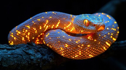 Fototapeta premium A picture of a close-up snake on a branch, lit from above its head and mouth
