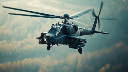 A military helicopter gunship flying low over rugged terrain, showcasing its heavy armament, prepared for combat action