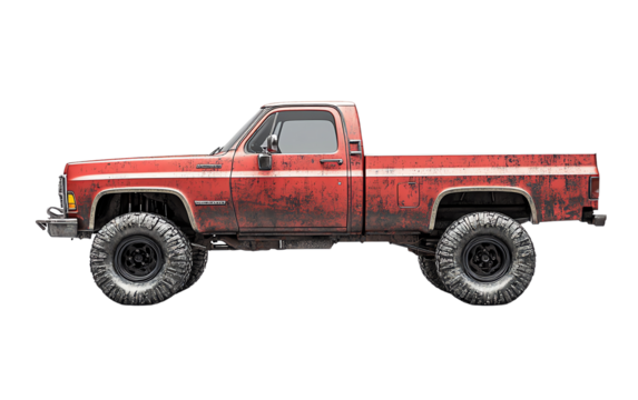 A vintage red pickup truck with rugged tires, showcasing a weathered exterior, perfect for automotive enthusiasts and country themes.