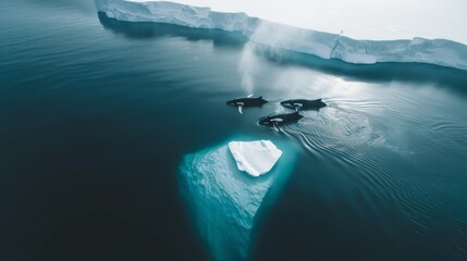 A serene aerial image showing three whales gliding effortlessly through icy waters, surrounded by floating icebergs.