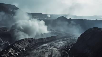 Dense smoke clouds rise from an expansive mining site, starkly contrasting the rugged landscape under a muted sky.