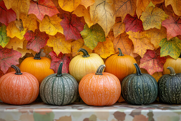 Brightly colored pumpkins lie against a wall covered with colorful autumn leaves. Horizontal shot. There is empty space on the wall for text.
