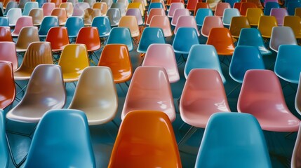 Fototapeta premium Rows of colorful plastic chairs arranged neatly in a large room, creating a vibrant yet orderly setting.