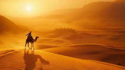 A lone rider on a camel traverses golden desert dunes at sunset, casting long shadows with distant mountainous silhouettes.
