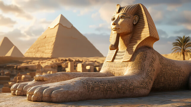 A 3d model of a mystical sphinx posing riddles to travelers, set against the backdrop of the great pyramids. Sphinx Riddle. Illustration