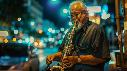 An elderly man passionately plays the saxophone beneath the urban glow of city lights, filling the night with soulful music.
