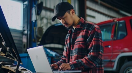 A young mechanic in a plaid shirt and cap focuses on repairing a car engine while using a laptop inside a spacious workshop.