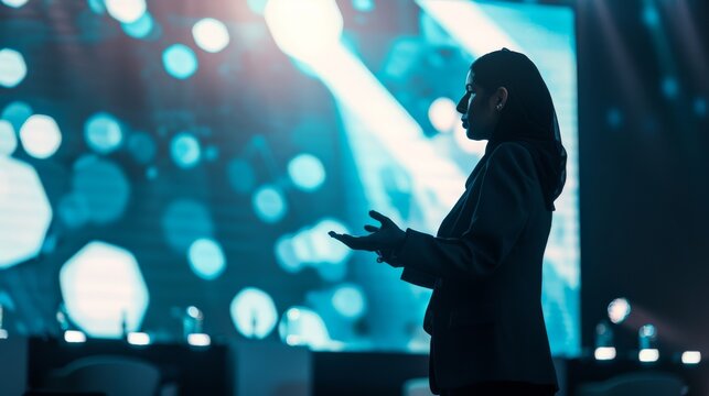 A silhouette of a confident speaker addressing an audience with a dynamic, blurred background of glowing bokeh lights creating a futuristic ambiance.