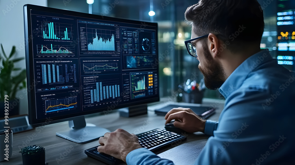 Poster analyst uses computer and dashboard for data business analysis