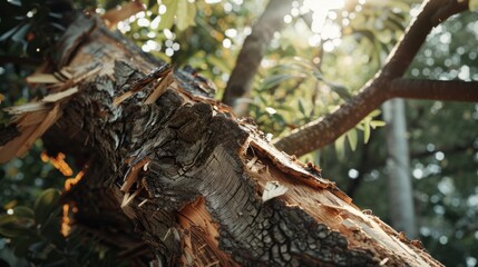 Obraz premium Close-up of a damaged tree trunk with rough bark and splintered wood, illuminated by sunlight piercing through the branches.