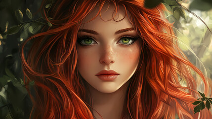 Obraz premium A beautiful and serene wood nymph with long red hair and green eyes. Dryad. Illustration