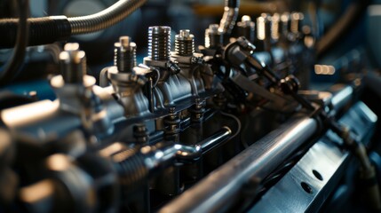 Fototapeta premium Close-up of an intricate industrial machine with shiny metal components, showcasing precision engineering and complexity.