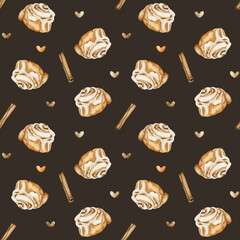 Cinnabon, cinnamon roll desert with cinnamon sticks and small hearts. Watercolor seamless pattern on dark background