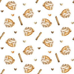 Cinnabon, cinnamon roll desert with cinnamon sticks and small hearts. Watercolor seamless pattern on white background