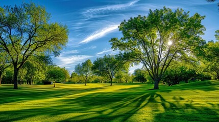 Sunlight Filtering Through Trees on a Green Lawn, Nature, Landscape, Outdoors
