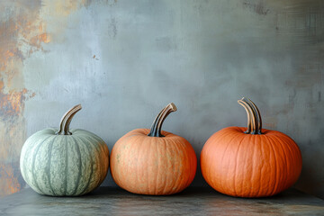 Multicolored pumpkins in pastel shades lie against a gray wall. There is an empty space on the wall for text.