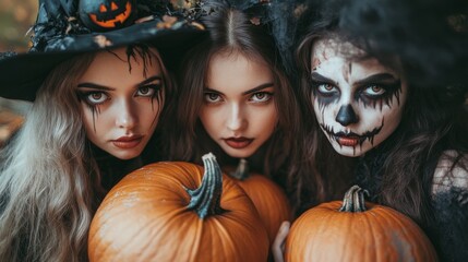 Obraz premium Halloween Celebrations with Witches and Pumpkins in an Autumn Forest Setting