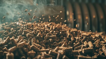 Obraz premium Pellets flying into the air, with a mountain of wood pellets below them in front of a large steel processing machine, capturing dynamic movement and energy.